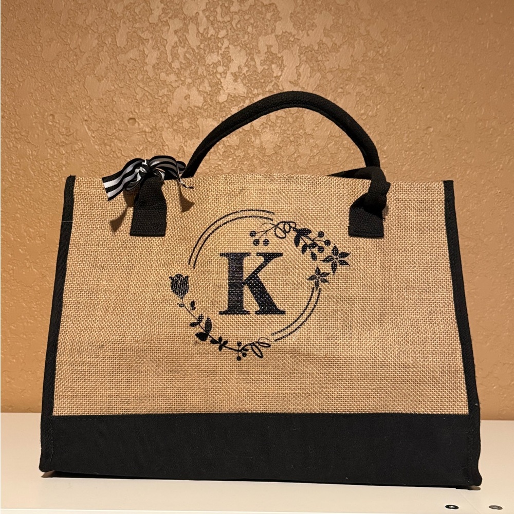 Black and Tan Tote Bag with Floral Initial Design (K)